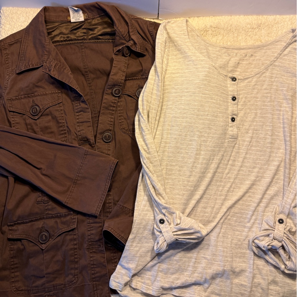 Calvin Klein Jeans Cream Top & Brown Department of Peace Jacket. Size Large.